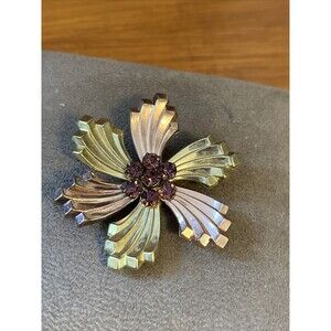 Vintage 12KGF Floral Pin Pendant With Purple Rhinestones 1940’s Rare Harry Iskin